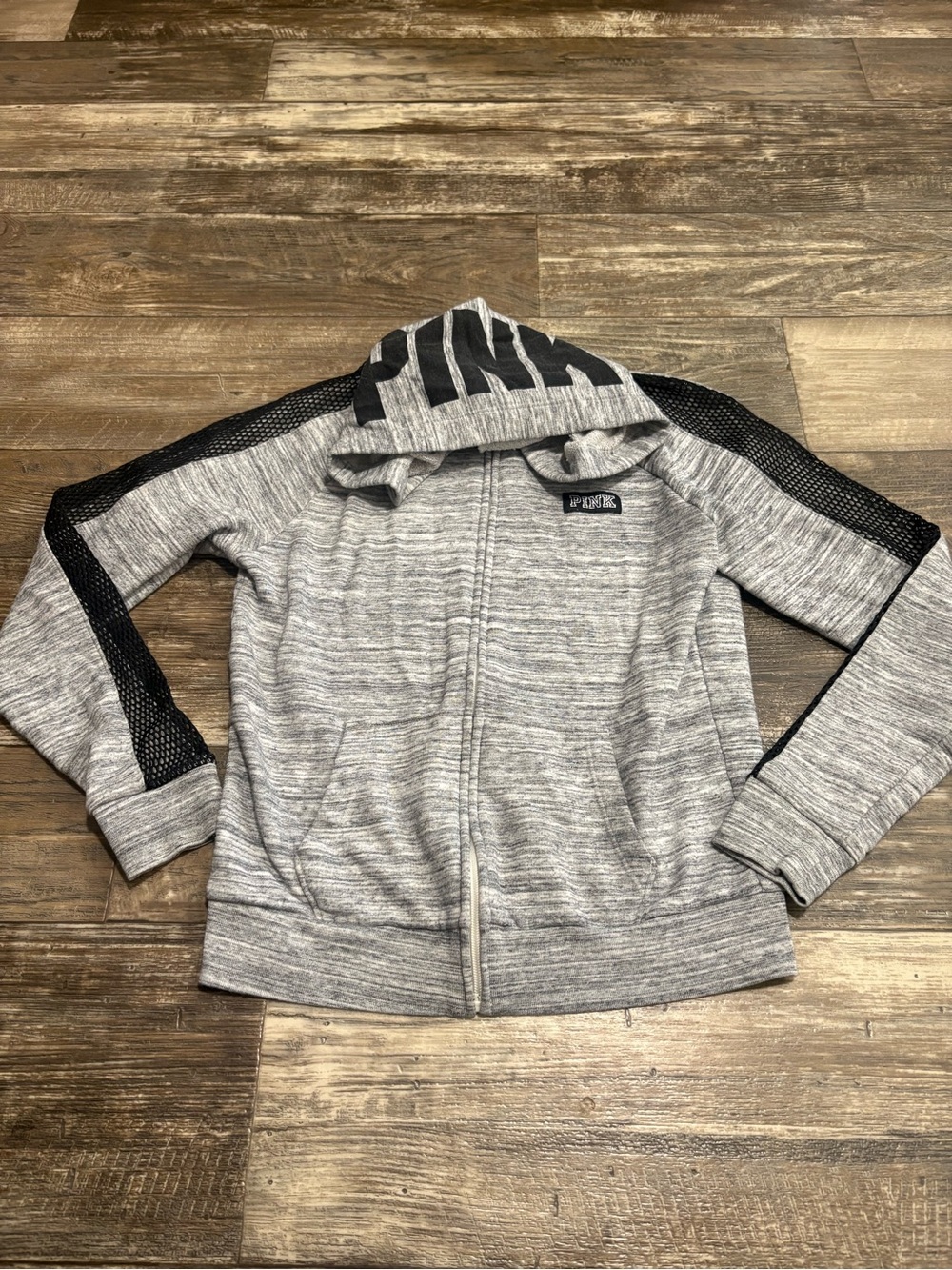 PINK Victoria's Secret Gray Zip-Up Hoodie with Black Mesh Trim